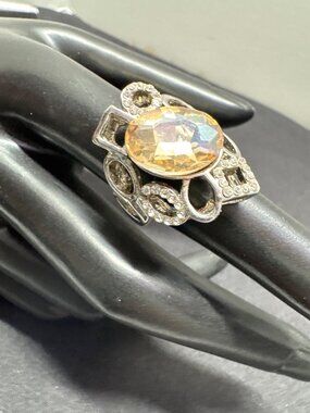 Sterling Silver Statement Ring With Citrine Stone & Clear Accents Geometric Desi